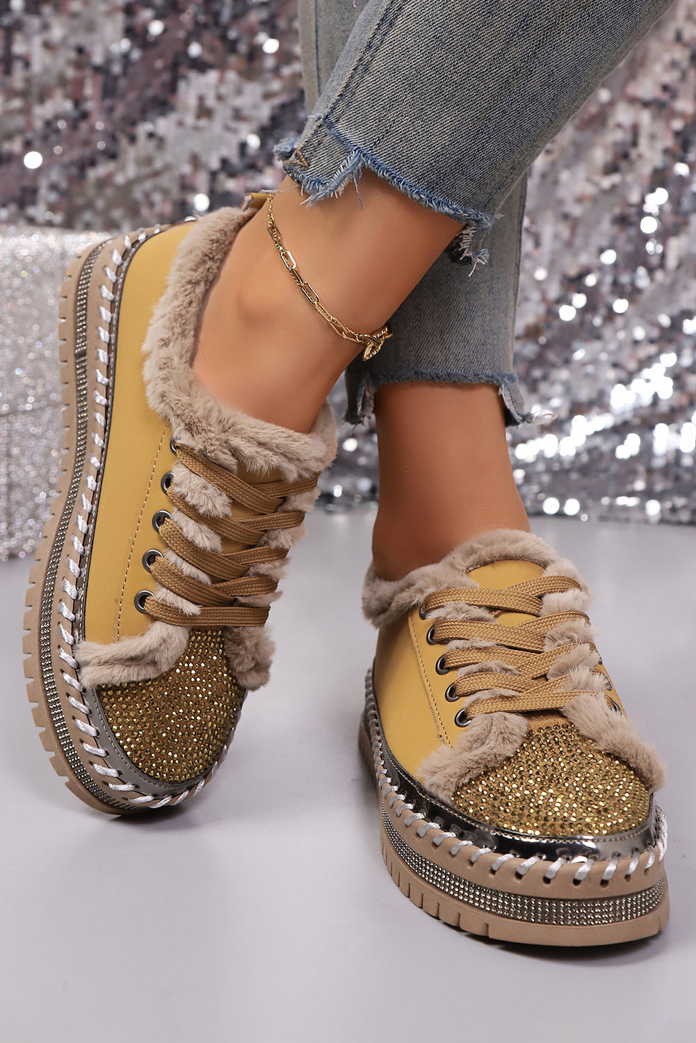 Thai Curry Rhinestone Embellished Faux Fur Lining Lace-Up Flat Shoes
