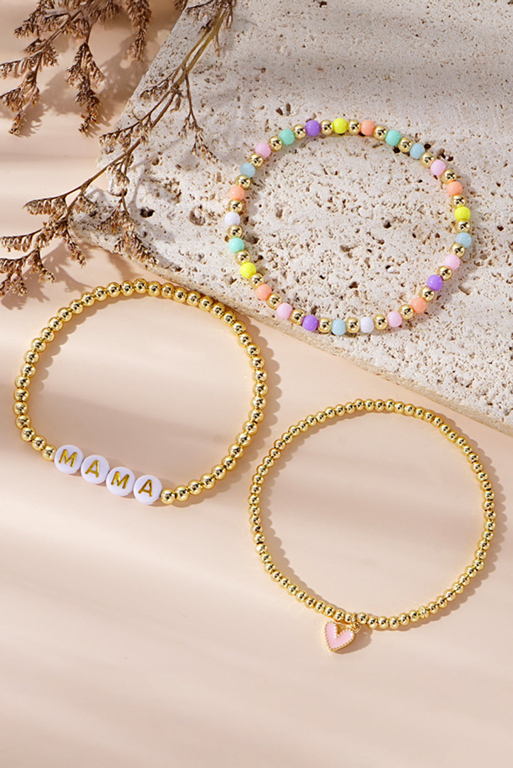 Gold MAMA Heart Beaded Multi Layer Stretch Bracelet