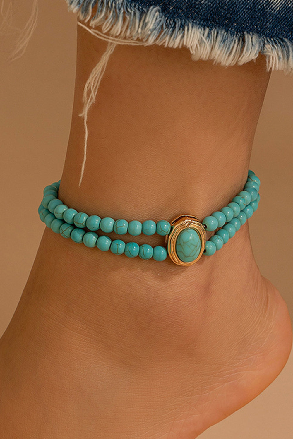 Light Blue Pearl/Turquoise Beaded Double Layered Anklet
