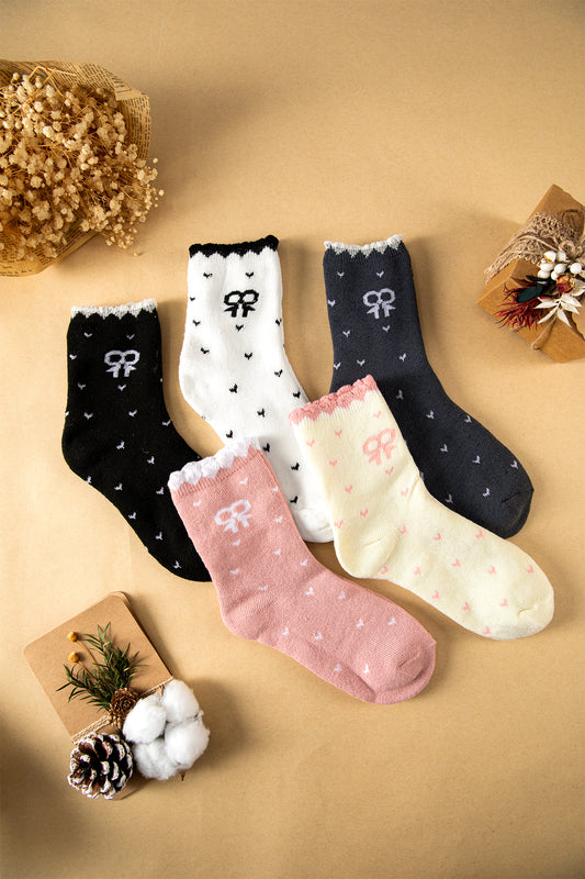 White 5 Pairs Cute Bow Tiny Hearts Printed Crew Socks