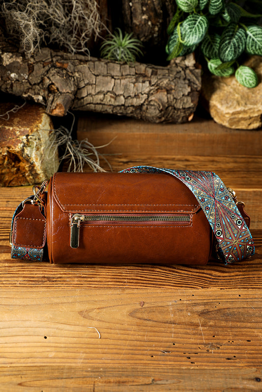 Chestnut PU Leather Flap Shoulder Bag with Retro Print Wide Strap