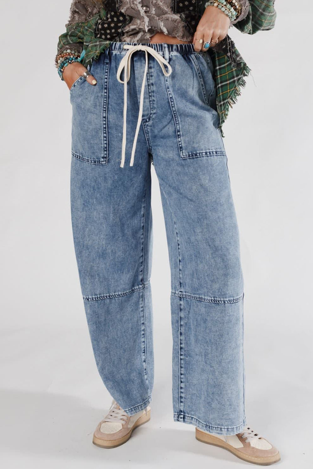 Ashleigh Blue Acid Wash Exposed Seam Drawstring Elastic Waistband Jeans
