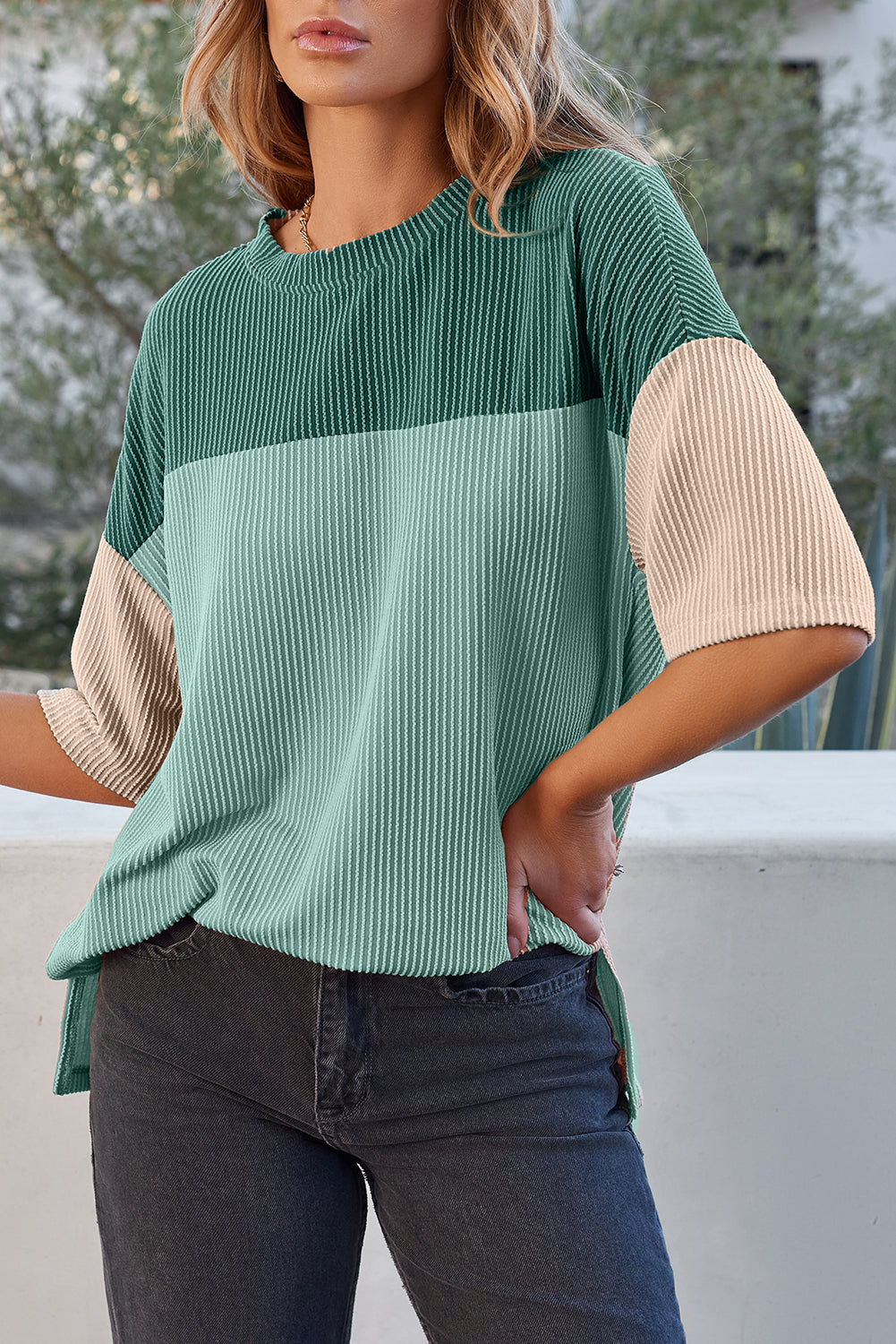 Mint Green Color Block Ribbed Side Slits Half Sleeve Top