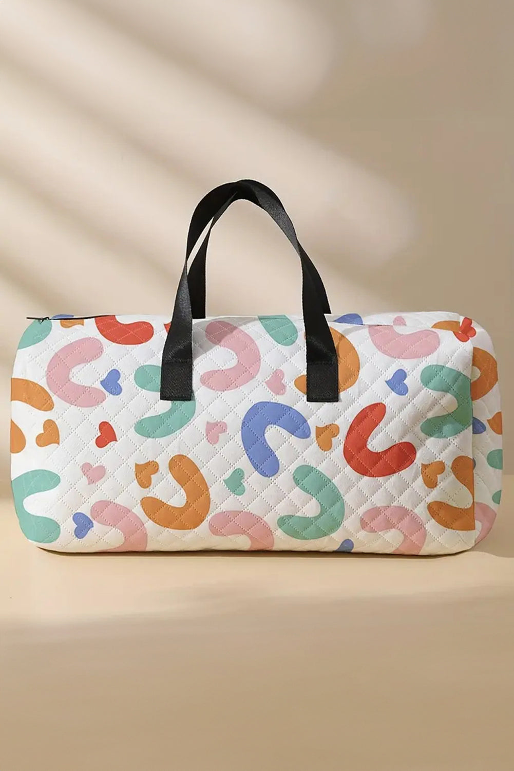 White Heart Shape Print Quilted Zipper Large Duffel Bag