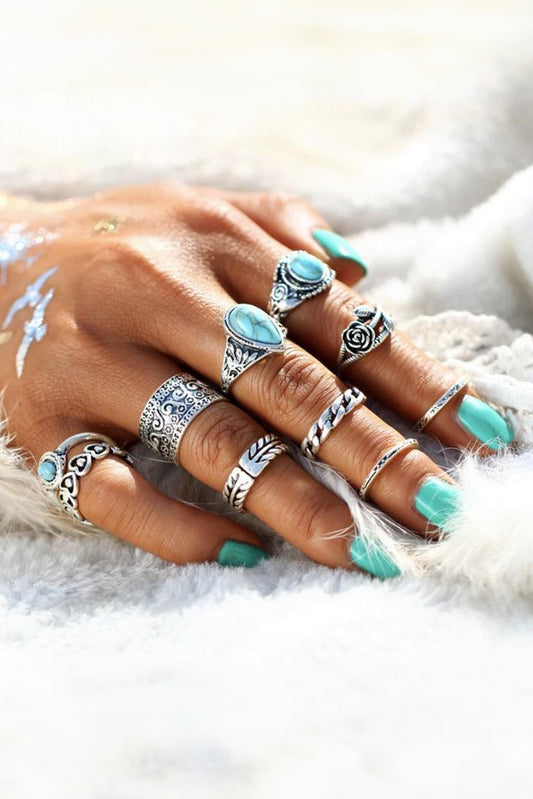 Dark Green Vintage Turquoise Decor 10Pcs Rings Set