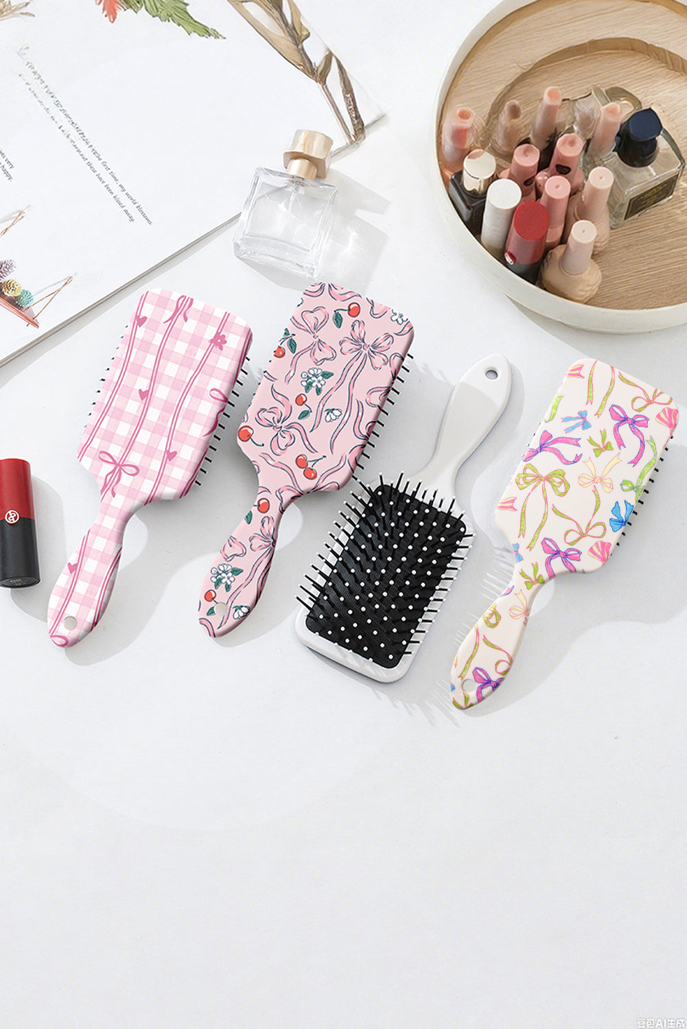 White Multi Ribbon Bow Print Air Cushion Comb