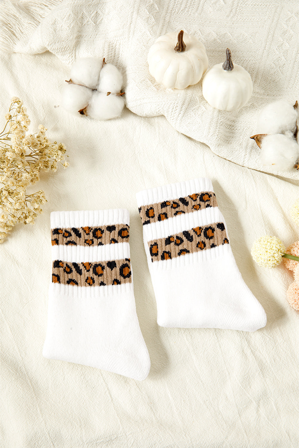 White Leopard Striped Detail Ribbed Cuffs Womens Socks