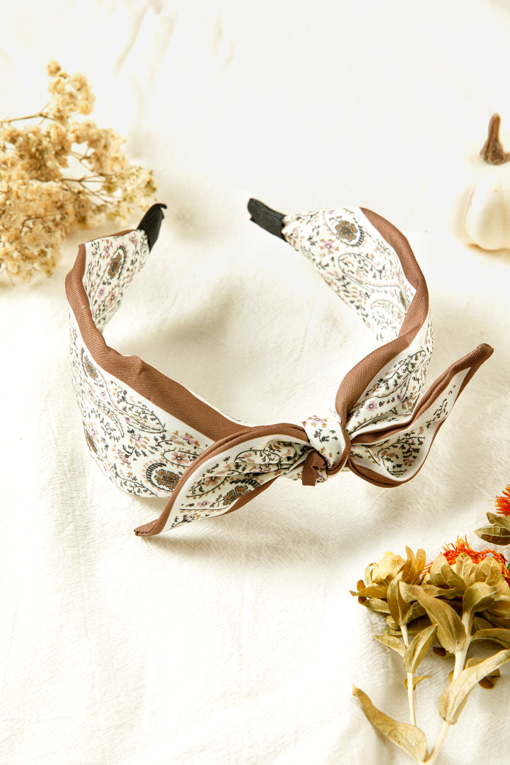 White Bohemian Floral Print Satin Bow Knot Hairband