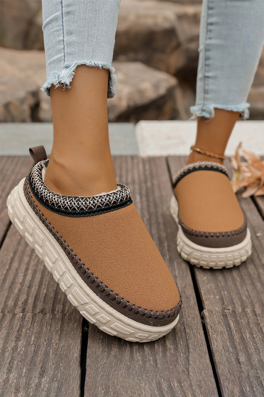 Coffee Contrast Stitch Detail Faux Suede PU Patchwork Plush Winter Clog Slippers