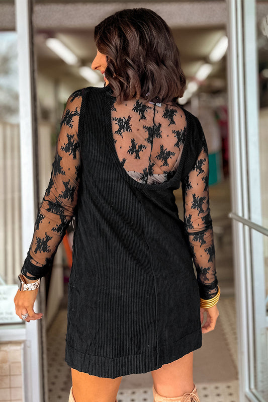 Black Corduroy Sleeveless Mini Dress With Patched Pockets