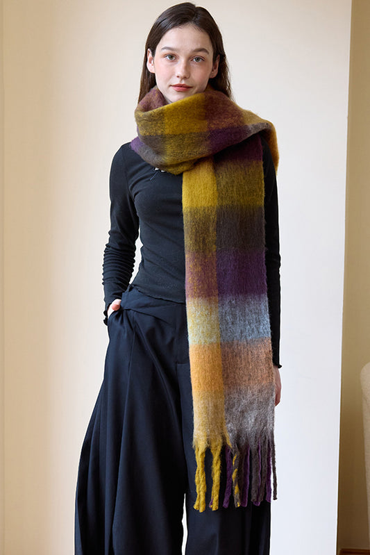 Beige Plaid Ombre Tasseled Fleece Shawl Scarf