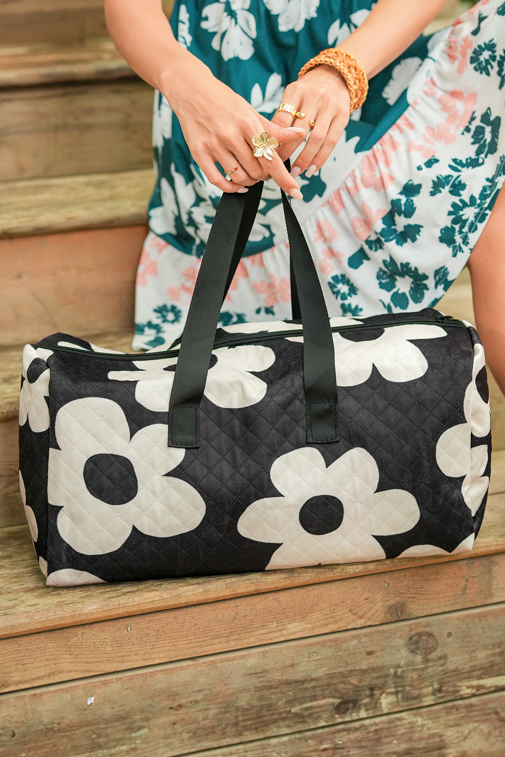 Black Flower Print Quilted Large Duffel Bag