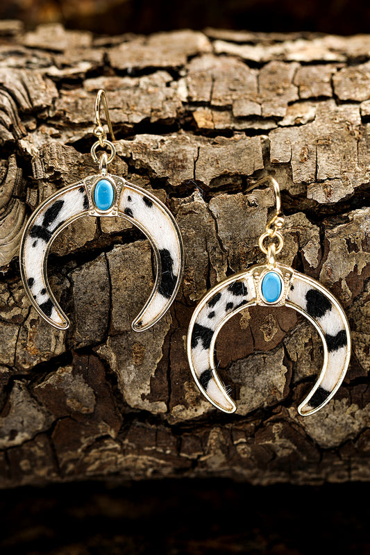 Black Cow Print Turquoise Inlay Crescent Shaped Dangle Earrings