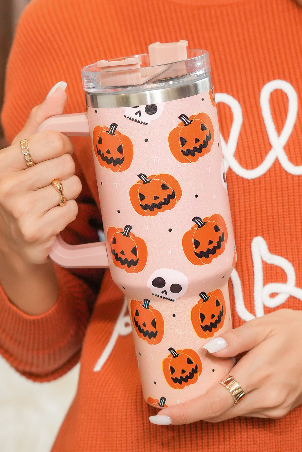 Orange Halloween Pumpkin Skull Print Handle Straw Tumbler 40oz
