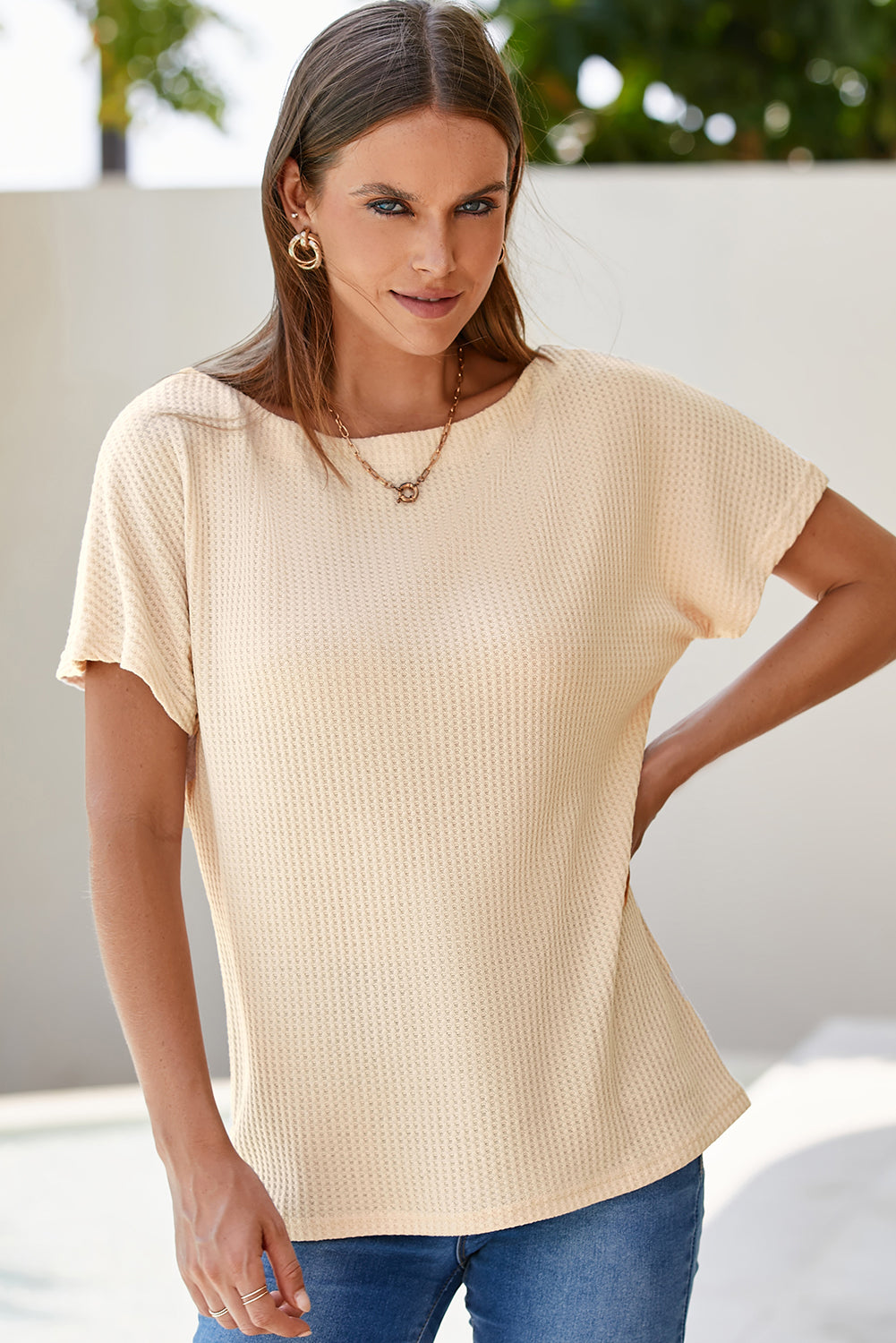 Light French Beige Waffle Knit Boat Neck Short Sleeve Top