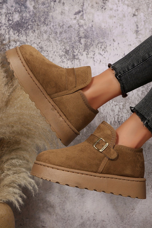Coffee Buckle Detail Round Toe Platform Cozy Winter Boots
