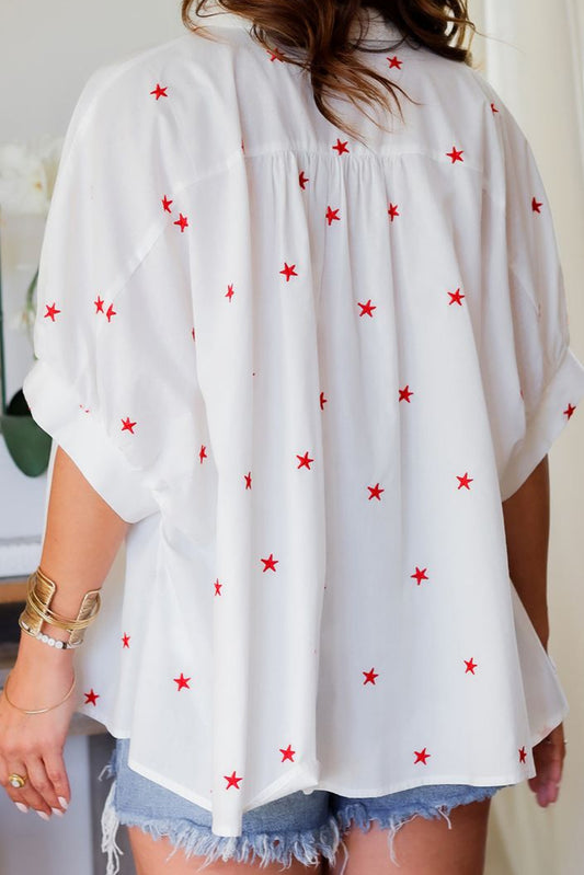 White Little Stars Printed Loose Half Sleeve Loose Shirt