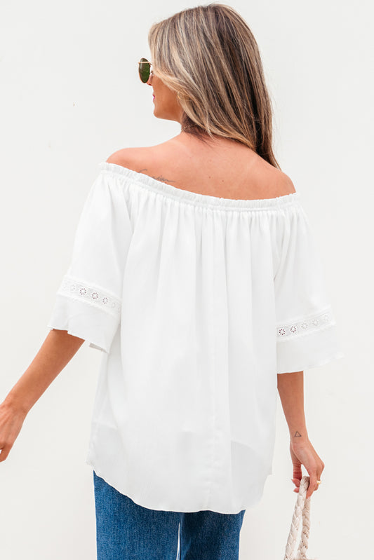 White Frilly Off Shoulder Lace Insert Sleeve Textured Blouse