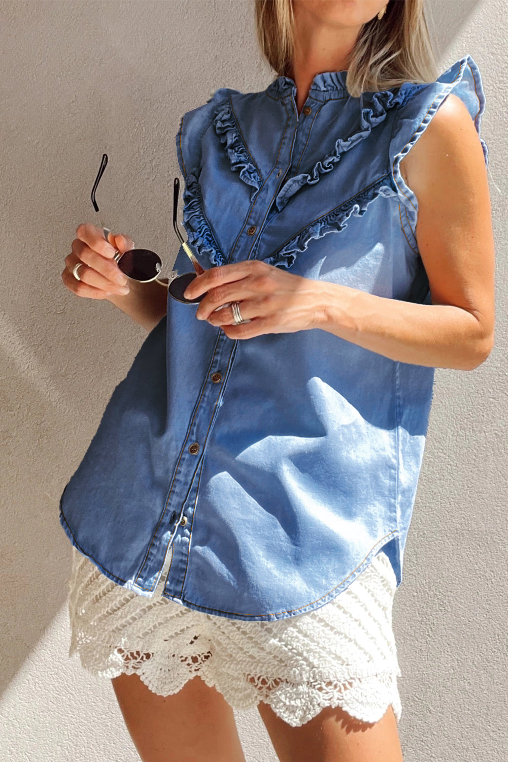 Sky Blue Mineral Wash Frilled Button Up Denim Shirt