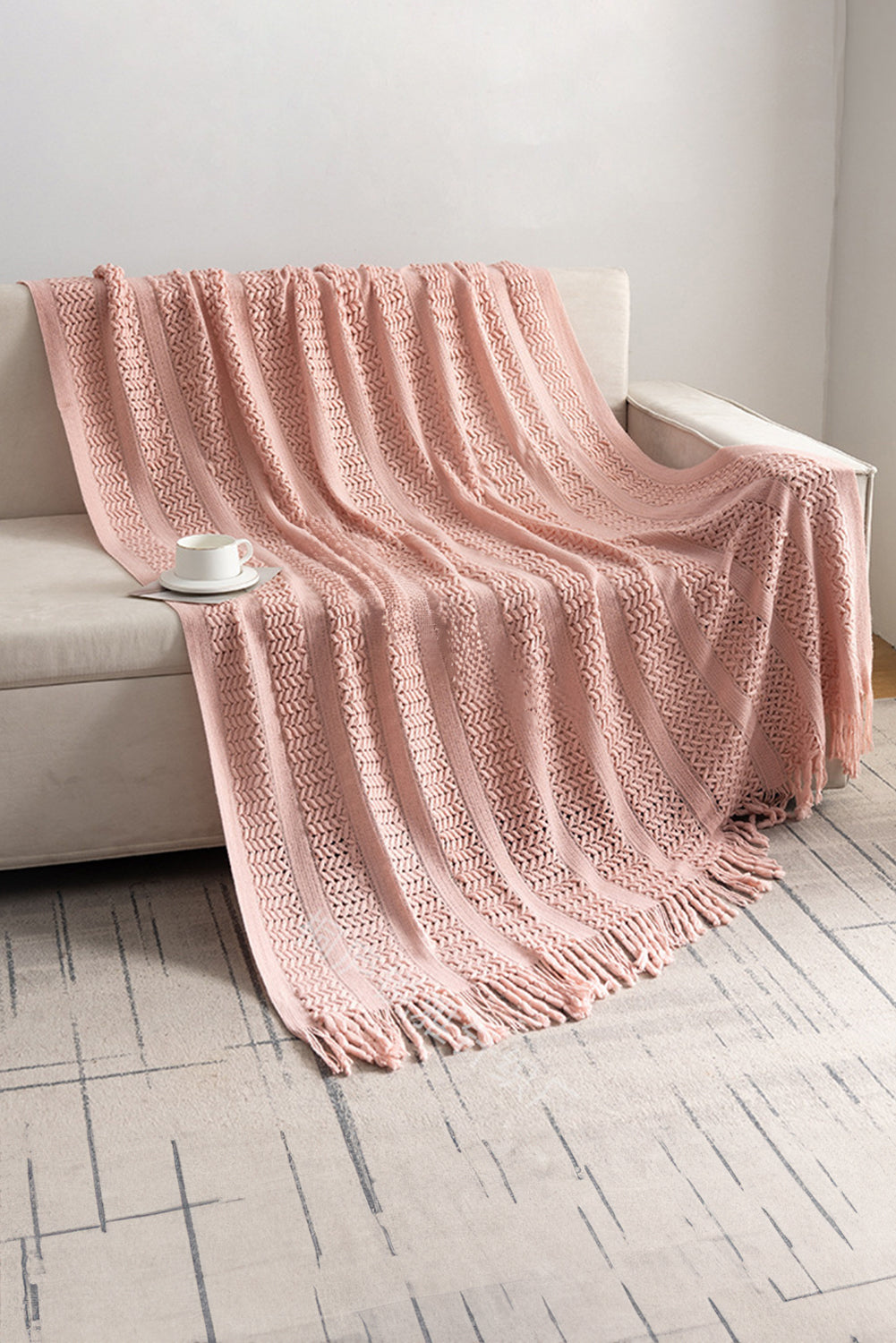 Dusty Pink Fashion Texture Design Tassel Trim Blanket