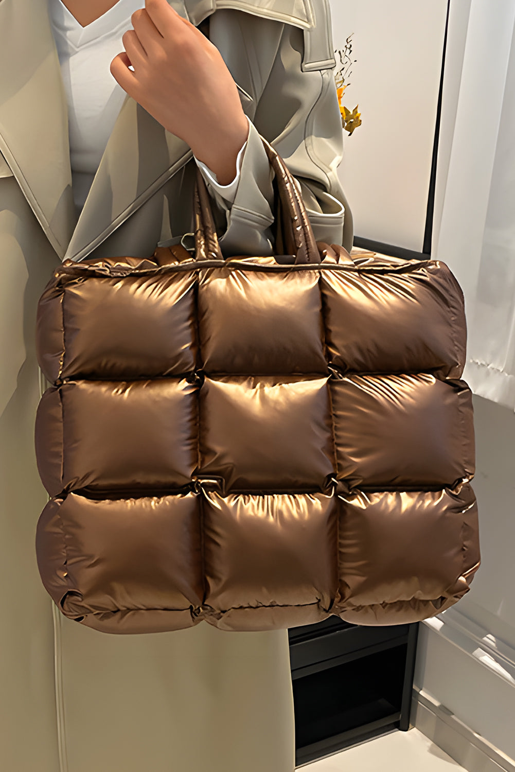 Gold Large Capacity Quilted Puffer Tote Bag
