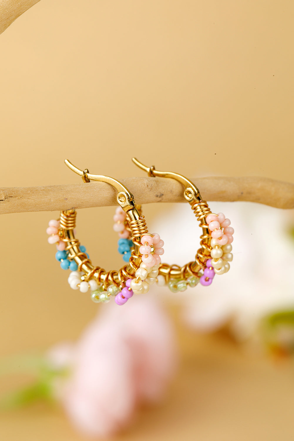 Gold Beaded Flower Hoop Alloy Earrings