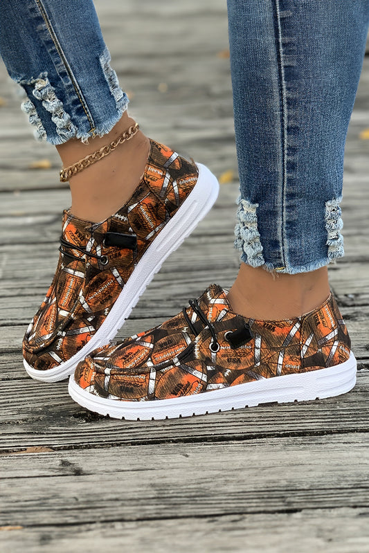 Coffee Rugby Allover Print Lace Up Detail Slip On Flat Shoes