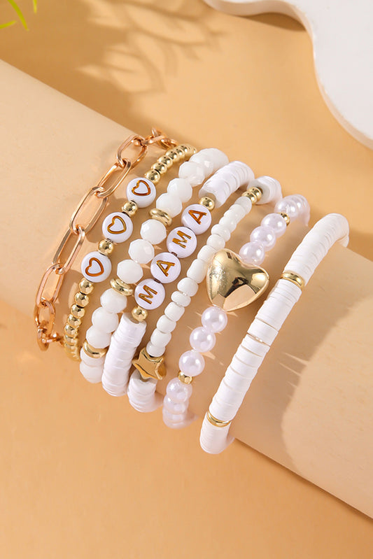 White MAMA Heart Pearl Beaded Chain Multi Layer Bracelet