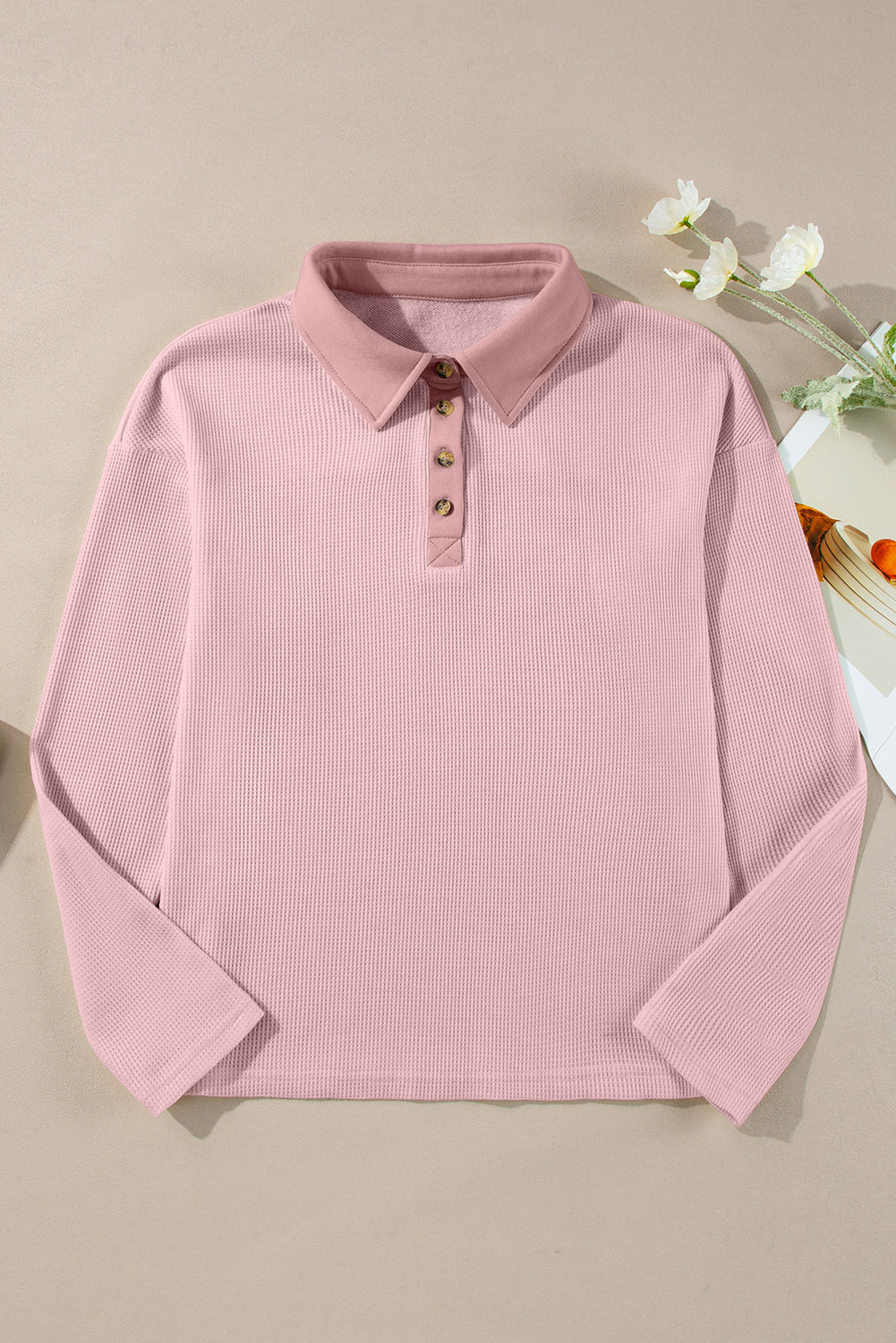 Light Pink Solid Color Long Sleeve Thermal Knit Polo Collar Patchwork Top