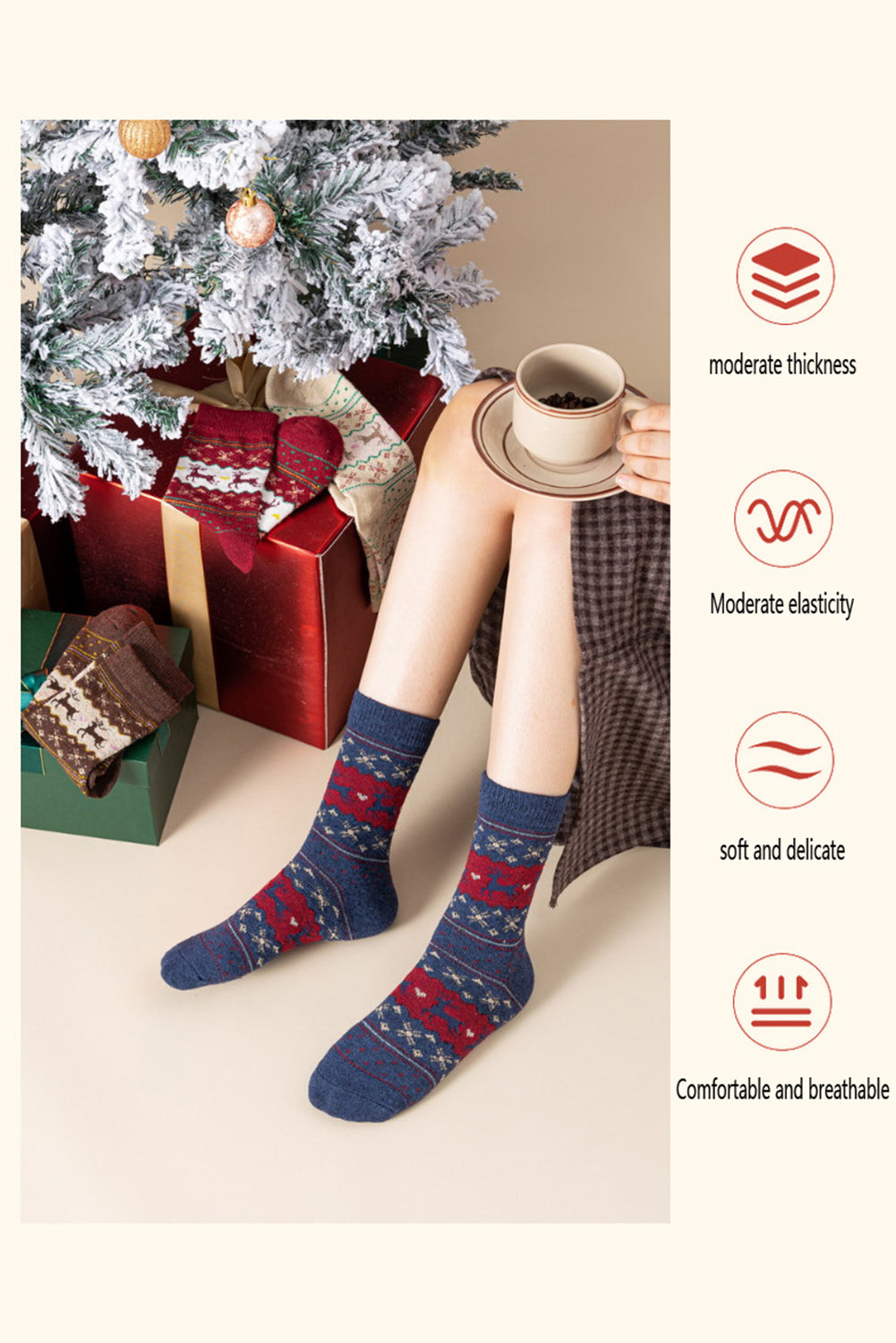 Parchment 5 Pairs Christmas Fashion Reindeer Geometric Print Socks in A Box
