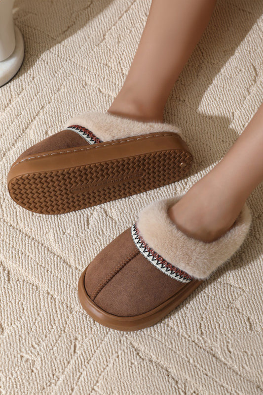 Coffee Western Woven Detail Faux Suede Furry Home Slippers