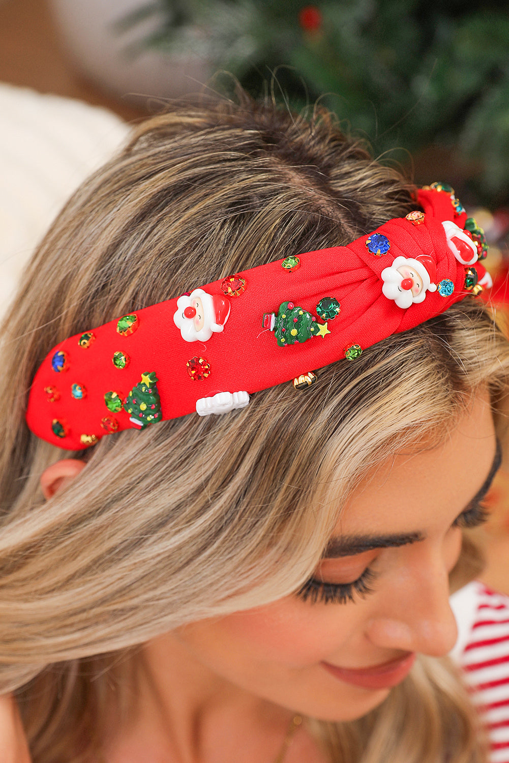 Fiery Red Cartoon Christmas Pattern Rhinestone Knotted Headband