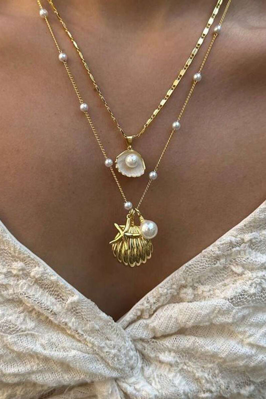 Gold Starfish Shell Pearl Dual Chain Necklace
