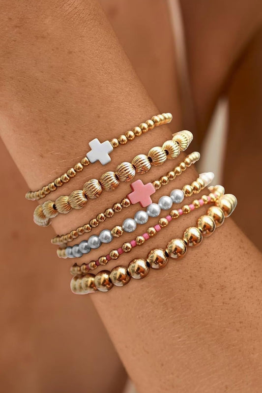 Gold Plated Beading Pearl Cross Decor Multilayer Bracelet