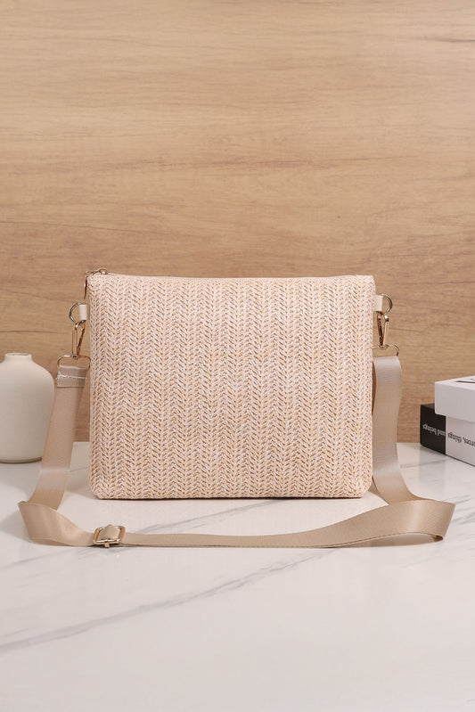 Beige Leather Pocket Patchwork Straw Woven Shoulder Bag
