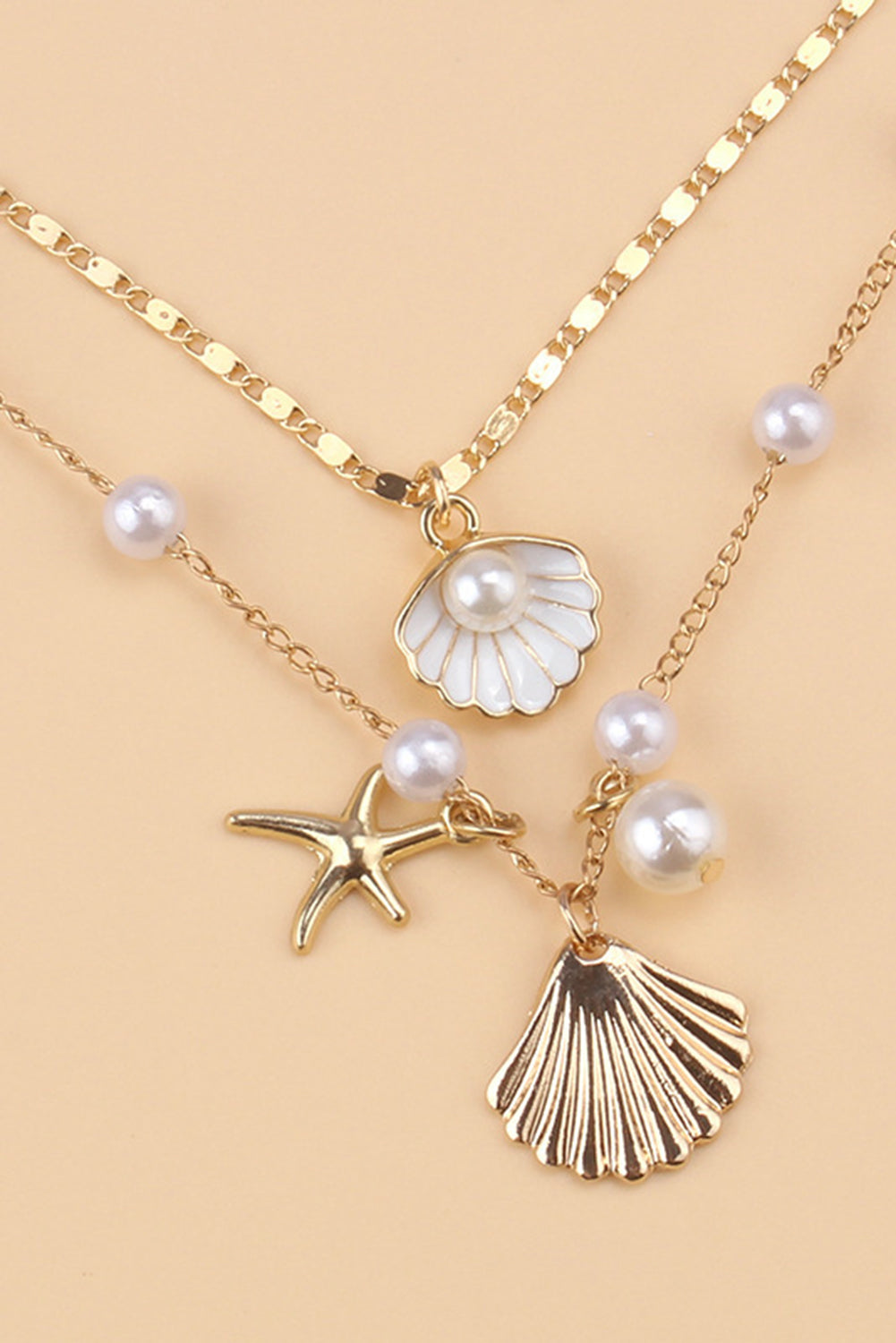 Gold Starfish Shell Pearl Dual Chain Necklace