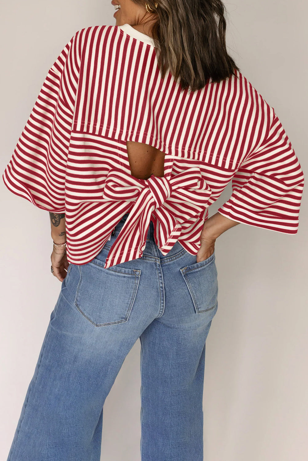 Red Stripe Bowknot Cutout Back Drop Shoulder Wide Bracelet Sleeve Loose Tee