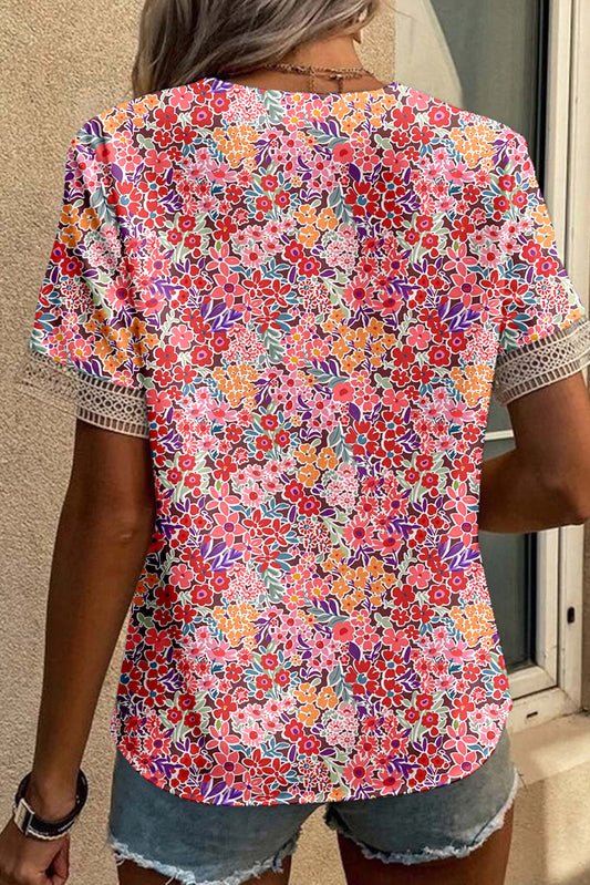 Multicolor Lace Trim V Neck Short Sleeve Blouse