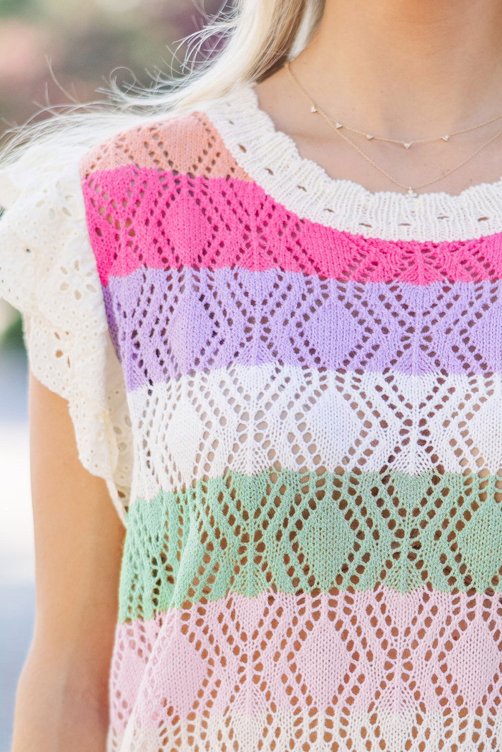 Rose Stripe Colorblock Hollowed Knit Scallop Edge Sweater Vest