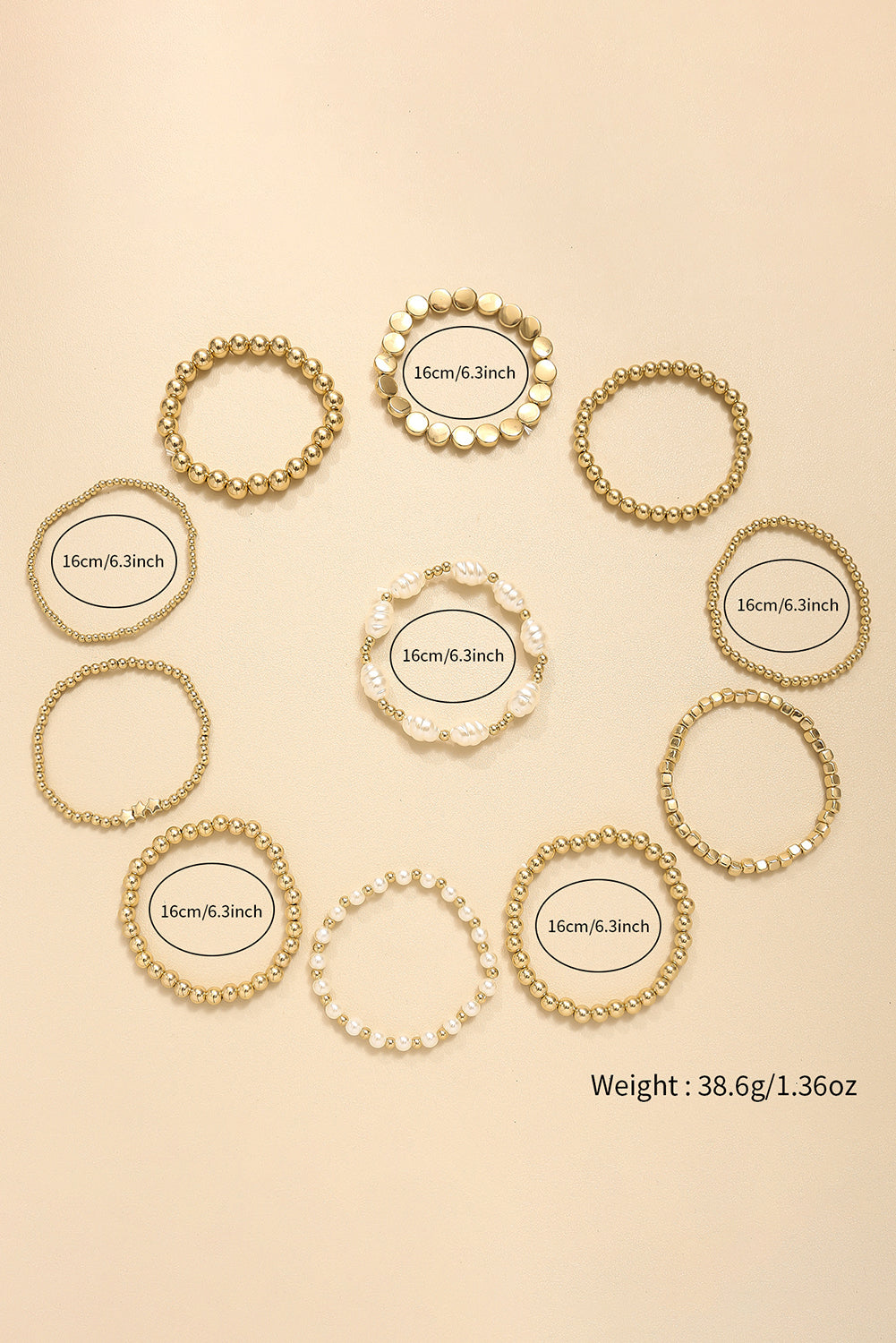 Gold 11pcs Alloy Pleated Pearl Beading Bracelet