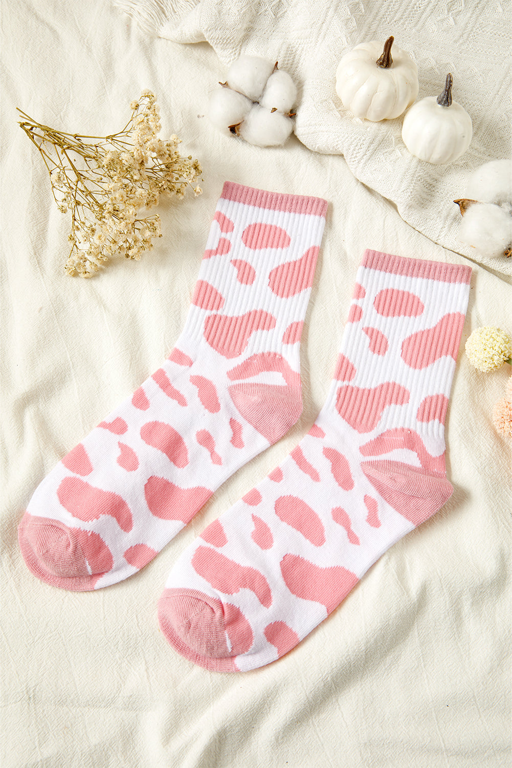 Pink Cow Print Ribbed Detail Crew Socks