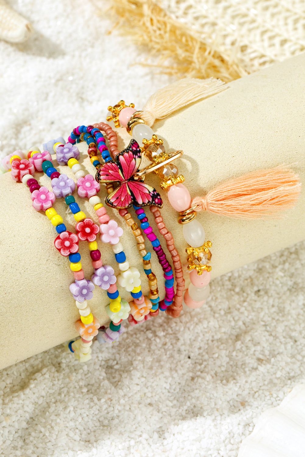 Peach Blossom 7pcs Handmade Beaded Bohemian Style Butterfly Tassel Bracelet Set
