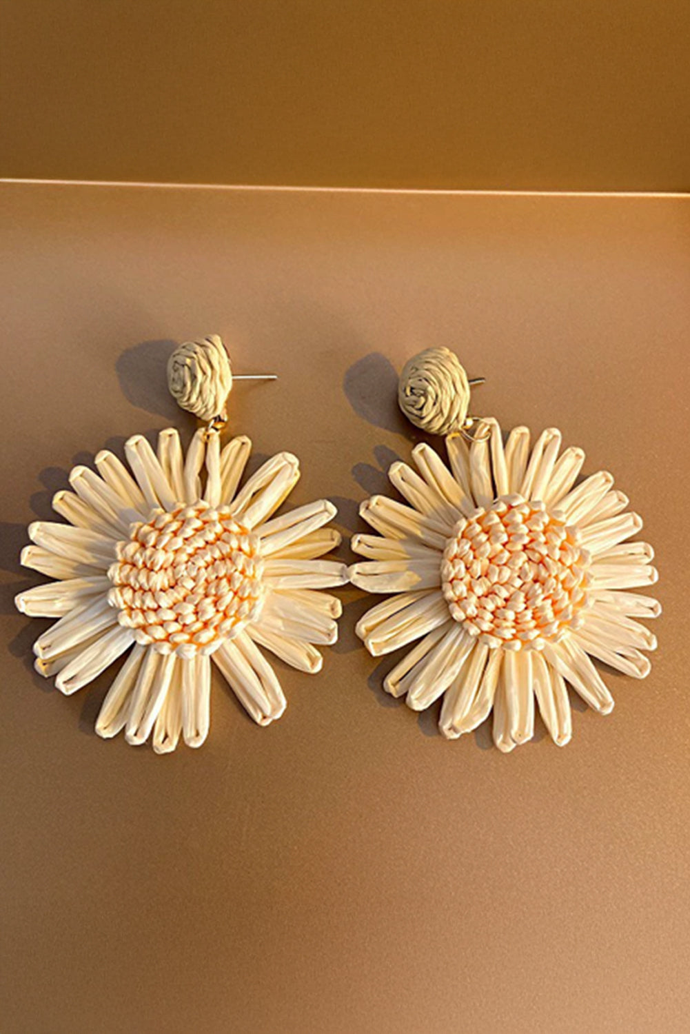 White Boho Raffia Crochet Sunflower Dangle Earrings