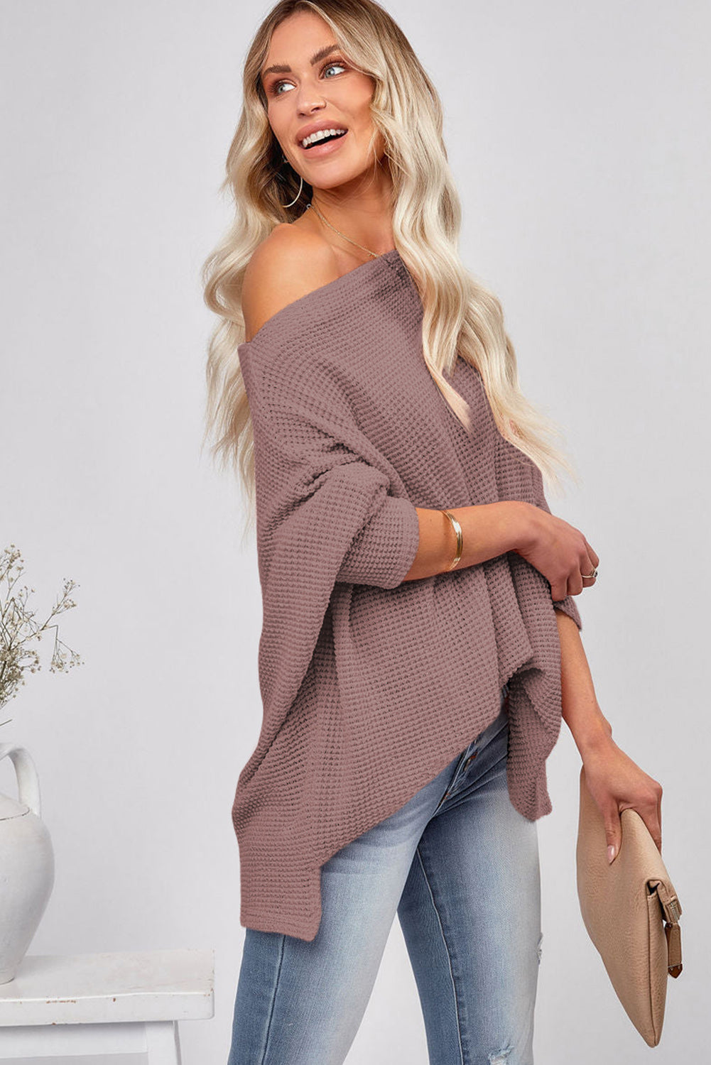 Casual Waffle Knit Eyelet Long Sleeve Blouse