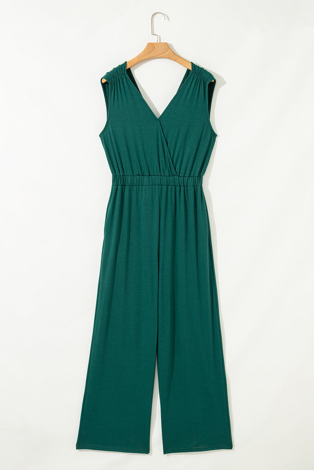 Blackish Green Deep V Pleated Crisscross Wide Leg Backless Jumpsuit