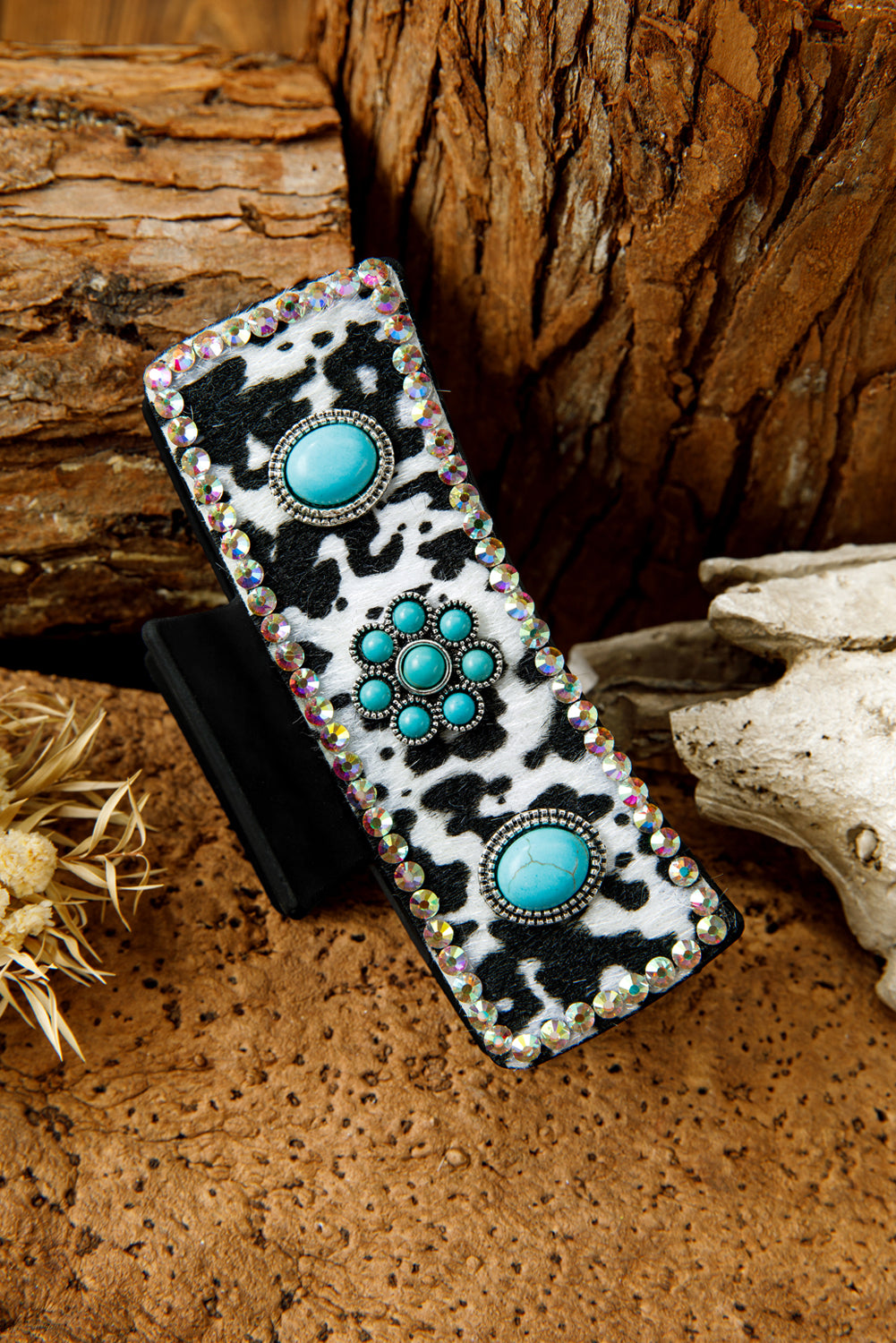 Black Western Cow Spots Faux Fur Patched Rhinestone Turquoise Detail Hair Claw Clip