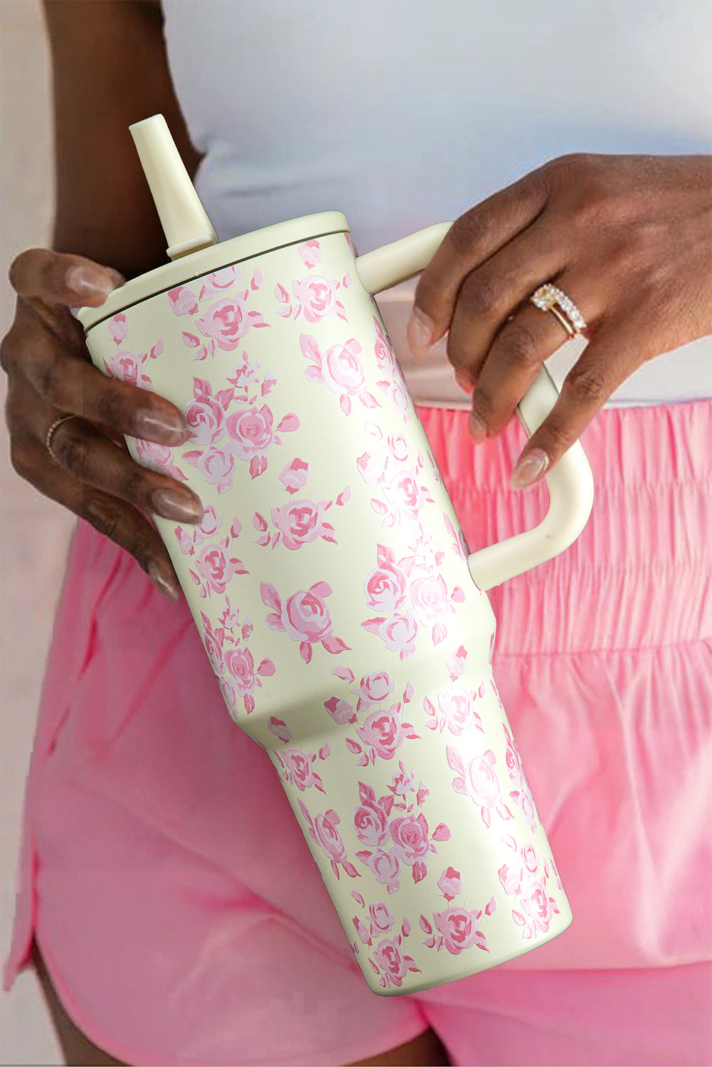 White Flower Print Handle Insulated Large Tumbler 40oz