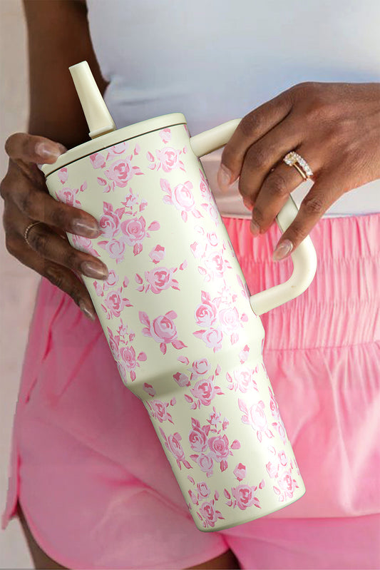 White Flower Print Handle Insulated Large Tumbler 40oz