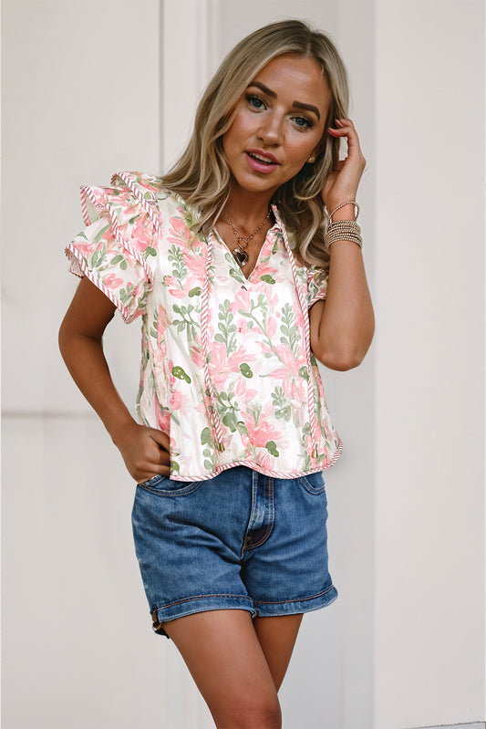 Pink Floral Print Striped Contrast Tiered Ruffled Sleeve V Neck Blouse