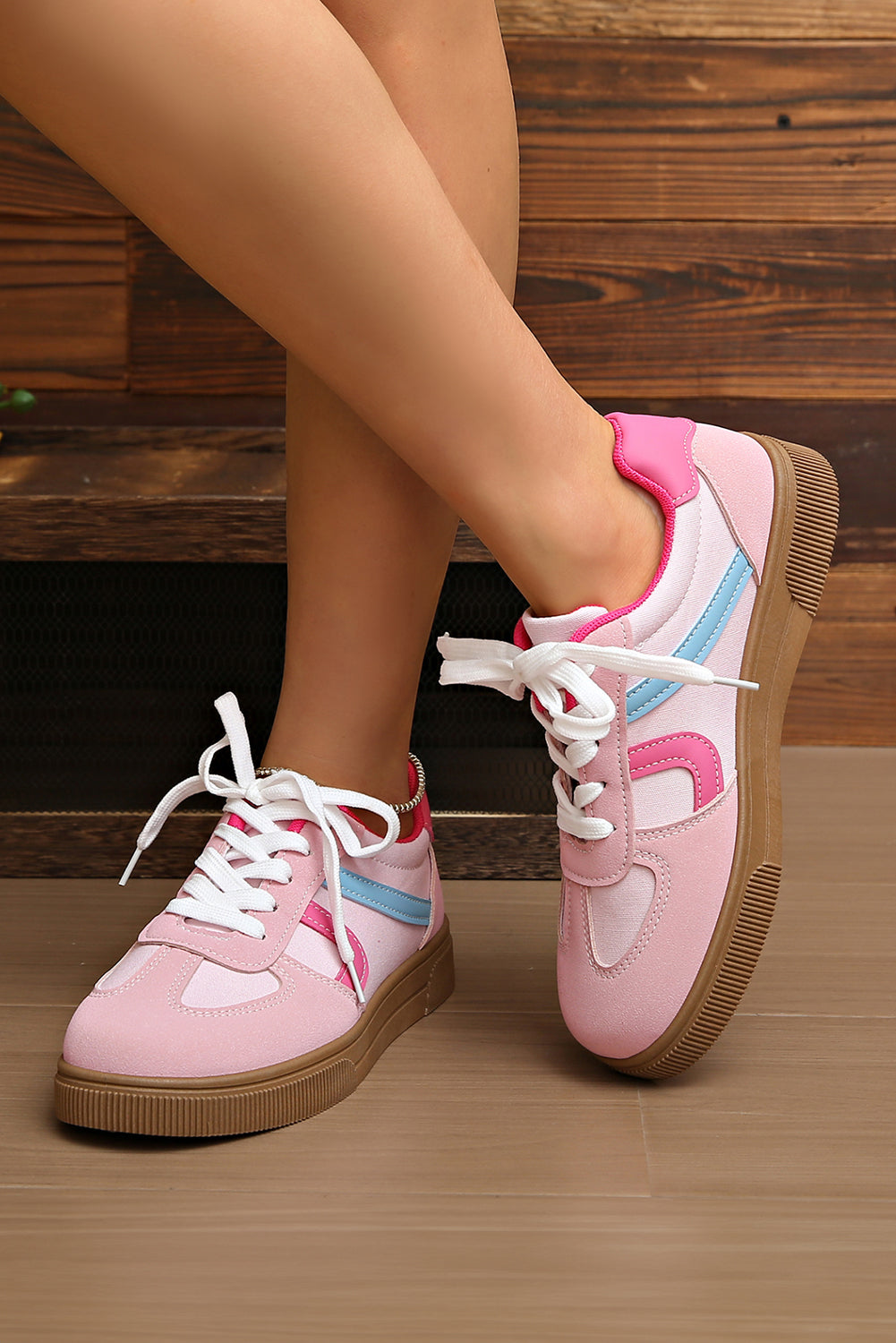 Rose Red Color Block PU Leather Patchwork Lace Up Flat Shoes